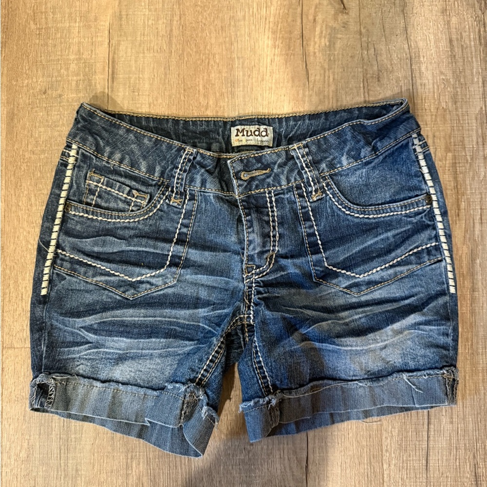 Mudd Womens Y2K Denim Shorts Blue Low‎ Rise Thick Stitch Embroidered Size 5